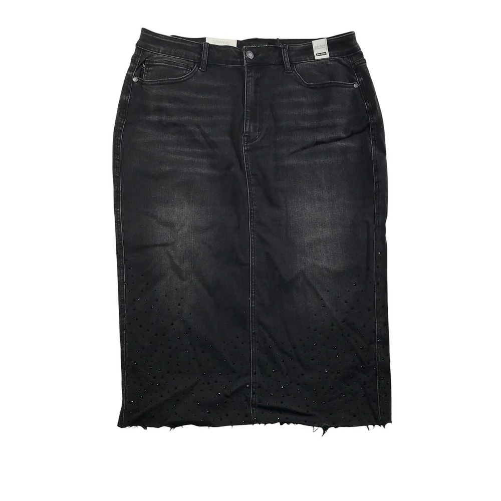 Judy Blue Black Rhinestone Embellished Raw Hem Denim Midi Skirt 3XL JB2838 BK